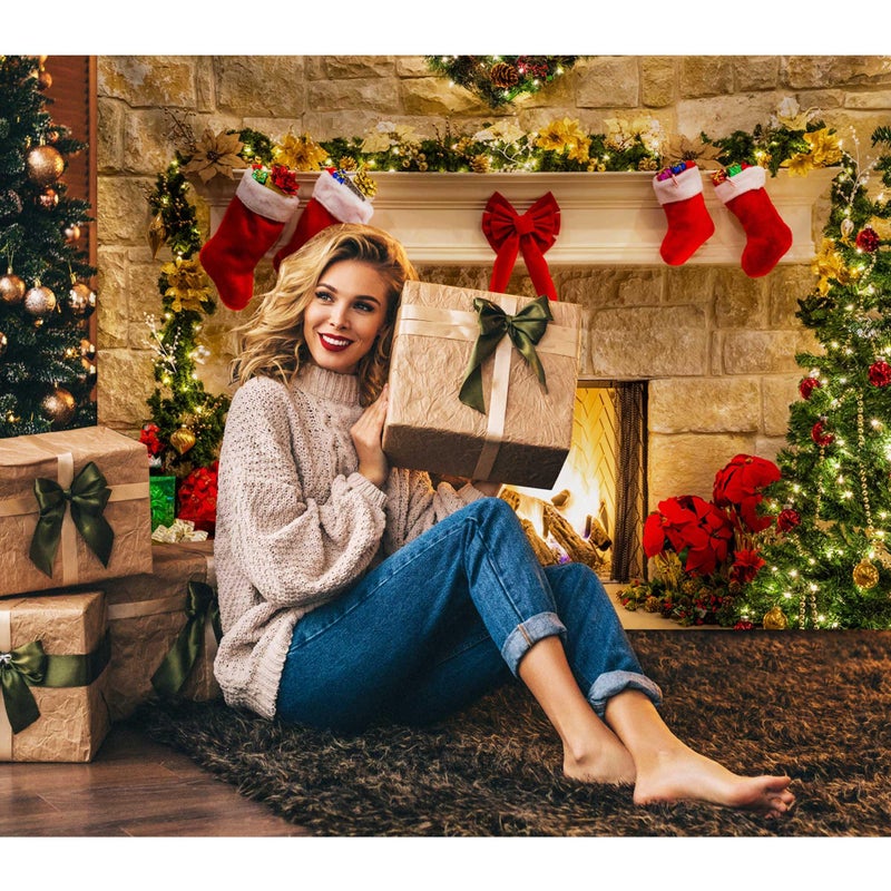 Haboke 10x8ft Christmas Fireplace Theme Backdrop for Photography Soft Wrinkle Free Fabric Tree Sock Decorations for Xmas Party Supplies Photo Background Pictures Banner Studio Decor Booth Props - Image 2